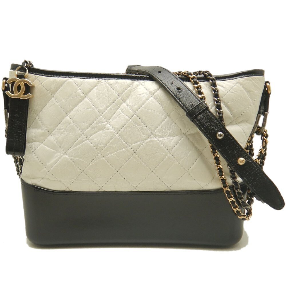 CHANEL Gabrielle de Chanel A93824 Shoulder Bag, Calfskin, White/Black, Women'...